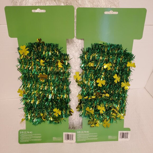 Saint Patrick’s Day Tinsel Shamrock Garland Decor Green Gold, 9 Ft ea., Set of 2 - Picture 3 of 4